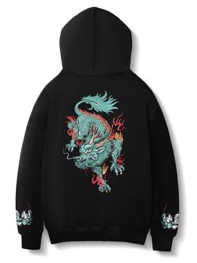 New | Niepce Streetwear Japanese Embroidered Blue Lion Graphic Black Hoodie - XL